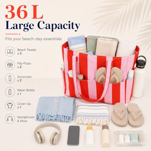 Beach Bag Waterproof Sandproof Women Beach Tote Pool Bag with Zipper for Gym Grocery Travel with Wet Pocket (Pink Orange)