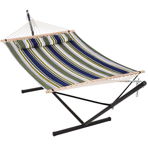 Double Hammock with Stand 12FT (2 Person With Stand / Blue & Green Stripes)