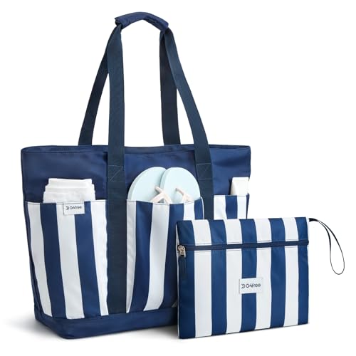 Beach Bag Waterproof Beach Tote Pool Bags for Women (Blue White Stripes / 35L)