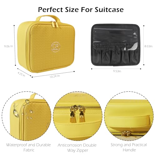 Travel Makeup Bag Cosmetic Bag Makeup Organizer Bag with Lighted Mirror (Yellow / Woven)