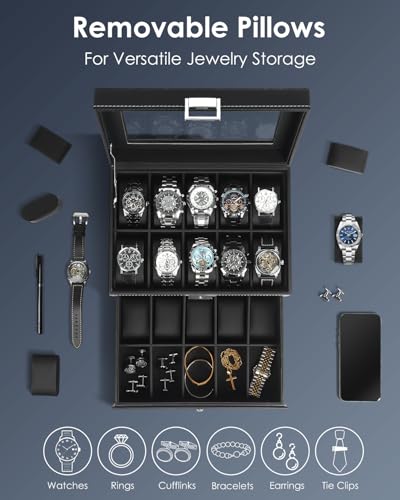 Mens Watch Box Jewelry Organizer (Black / 20-slot)