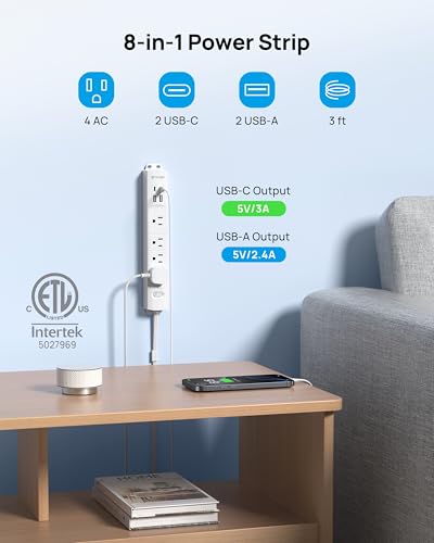 Wall Mount Surge Protector Power Strip with 360 Rotating Plug (White / 3FT Rotating Plug)