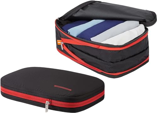 BeeNesting 2 Layers Large Compression Packing Cubes 2 set for travel carry on Compressible Packing Bags for clothes (Black Red / 2 Pack(26L+26L))