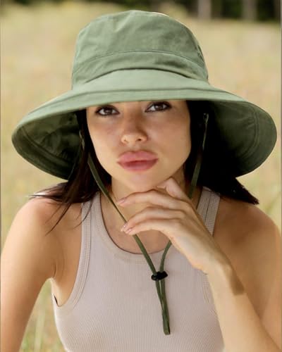 Sun Hats for Women Gardening Hat Wide Brim Ponytail Beach Sun Protection Breathable Cotton Summer Hat with Fold (Medium-Large / Green)