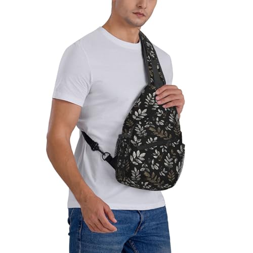 Sling Bag Boho Black Leaf Pattern Hiking Daypack Crossbody Shoulder Backpack Travel Chest Pack for Men Women (B0167)