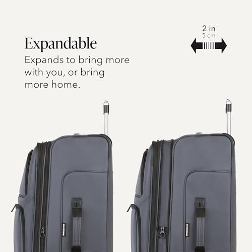 Sion Softside Expandable Spinner Luggage Durable Lightweight Travel Suitcase (Checked-Large / Dark Grey)