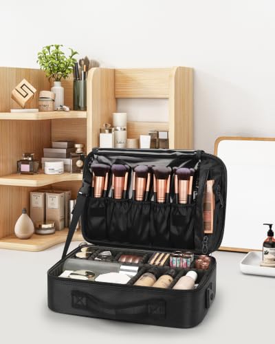 Makeup Bag Travel Makeup Train Case Large Cosmetic Case Professional Portable Makeup Brush Holder Organizer and Storage with Adjustable Dividers and Shoulder Strap Black (Medium / Black)