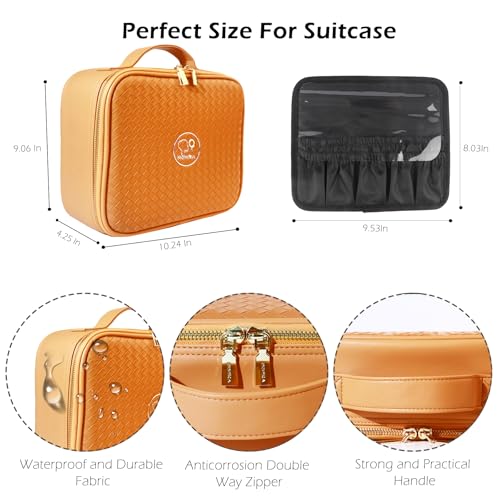 Travel Makeup Bag Cosmetic Bag Makeup Organizer Bag with Lighted Mirror (Apricot / Woven)