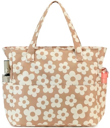 Beach Pool Bags Tote for Women Ladies Large Gym Tote Carry On Bag With Wet Compartment for Weekender Travel Waterproof (Beige Flower 157)