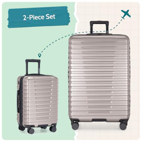 Boren Expandable Hardside Rugged Travel Luggage with 8 Spinner Wheels (2-Piece Set, USB Port in Carry-On / Champagne)