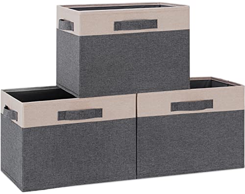 Large Fabric Storage Bins for Shelves with 3 Handles (Large-3 Pack / Grey & Beige)