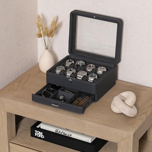 8 Slot Leather Watch Box with Valet Drawer (8 Slot - Carbon)