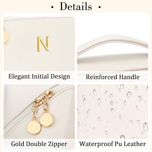 Initial Makeup Bag Personalized Gift for Women Teen Girls (Beige / N)