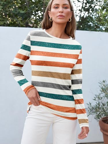 Long Sleeve Shirts for Women Casual Crewneck Tops Basic Tees (Small / Stripedorange)