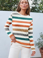 Long Sleeve Shirts for Women Casual Crewneck Tops Basic Tees (Large / Stripedorange)