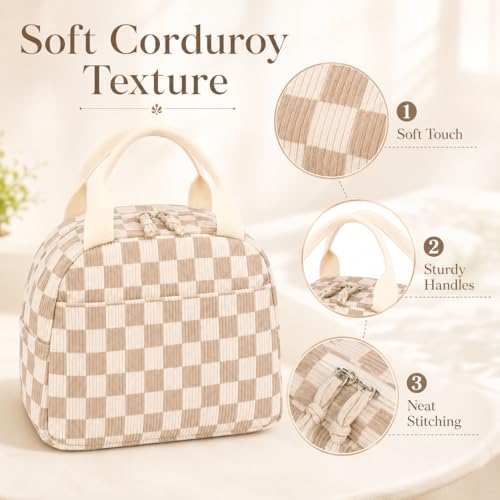 Lunch Bag for Women Cute Corduroy Lunch Tote Bags with Shoulder Strap Reusable Insulated Lunch Box Large Capacity Reusable Insulated Cooler for Work Picnic or Travel (A Corduroy checkered brown / 13L)
