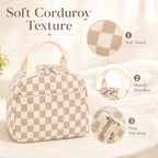 Lunch Bag for Women Cute Corduroy Lunch Tote Bags with Shoulder Strap Reusable Insulated Lunch Box Large Capacity Reusable Insulated Cooler for Work Picnic or Travel (A Corduroy checkered brown / 13L)