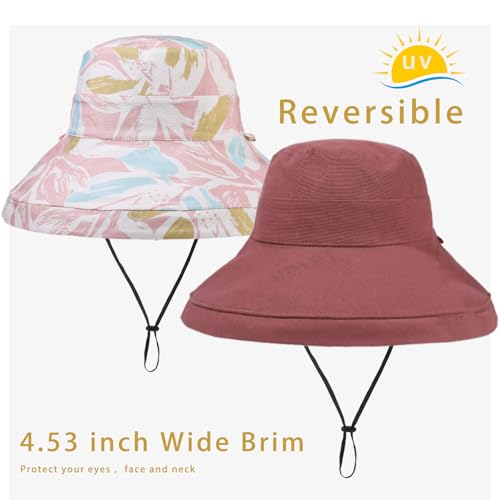 Womens Sun Hats Wide Brim Reversible Bucket Cotton Hat Packable Summer Travel Cap with Hat Clip (Medium / Wine Red2)