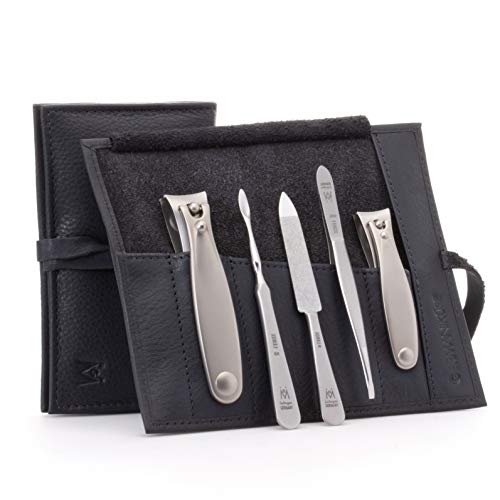 5pc Manicure & Pedicure Set (5-Pc: Finger+Toe Clipper, Tweezer, Sapphire / Black Leather Roll)