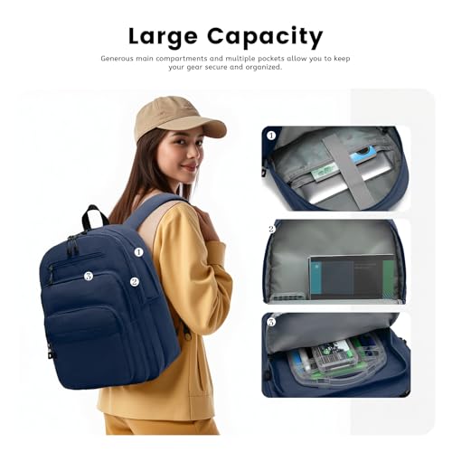 Basic Multi Pocket Multipurpose Backpack Classical Water Resistant Bookbag For School Business Travel or Casual Daypack Backpacks (Dark Blue)