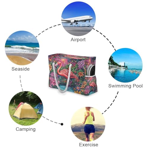 Large Beach Bags Totes Canvas Tote Shoulder Bag Soft Wave Water Resistant Bags for Gym Travel Daily Ocean (Flamingo Flowers)