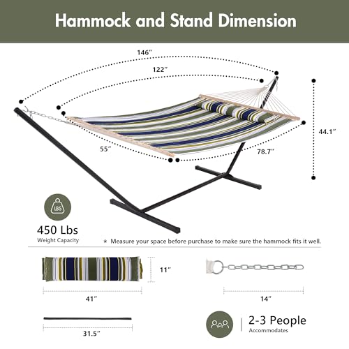 Double Hammock with Stand 12FT (2 Person With Stand / Blue & Green Stripes)