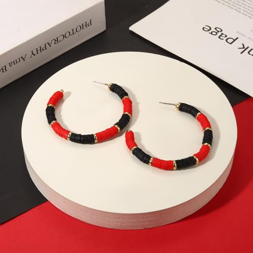 Game Day Earrings Football Baseball Earrings for Women Sports Team Heishi Hoop Earring Football Accessories Outfits Cheer Mom Essentials Fall Sports Must Haves Cheer Gifts (Red Black)