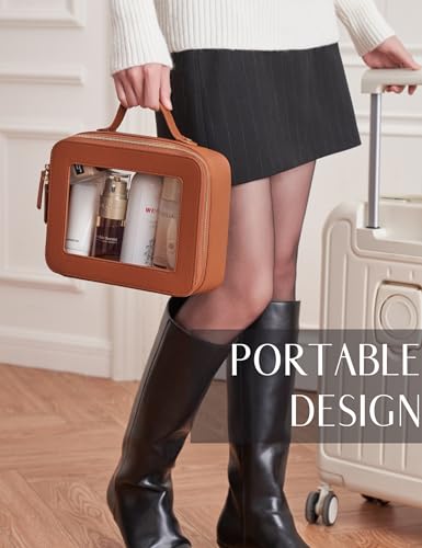 Clear Makeup Bag Toiletry Case Travel Transparent Cosmetic Bag with Zipper (Brown / Large Luxe)