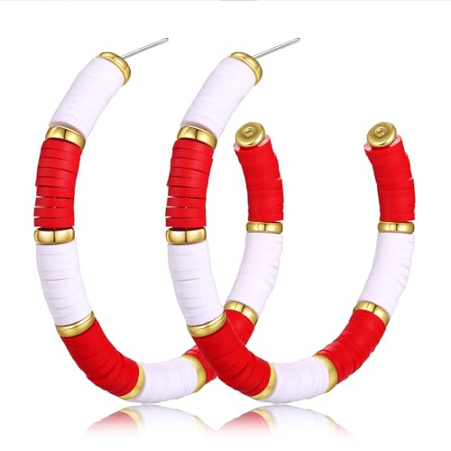 Game Day Earrings Football Baseball Earrings for Women Sports Team Heishi Hoop Earring Football Accessories Outfits Cheer Mom Essentials Fall Sports Must Haves Cheer Gifts (Red White)