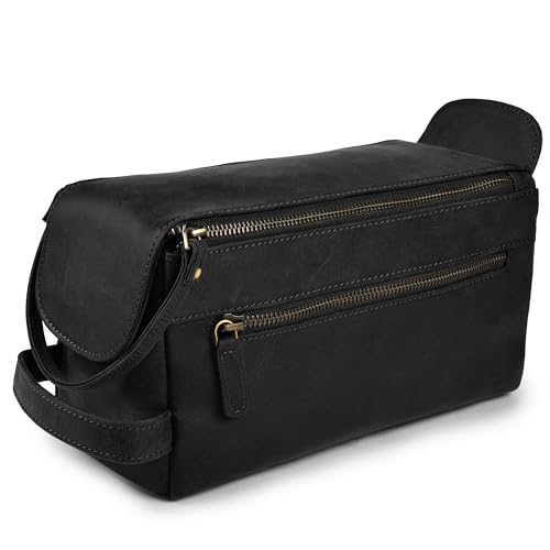 Genuine Leather Toiletry Travel Bag For Men & Women (Distressed Black / 10"X5")