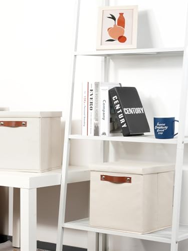 Foldable Fabric Storage Bins with Lids (10.5×10.5×10.5 / Beige)