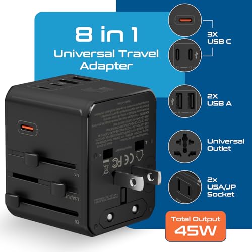 8 in 1 Universal Travel Adapter 45W (Black)