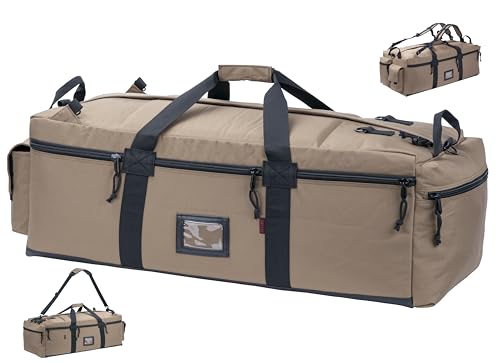 Large Military Duffle Bag Tactical Gear Load Out Bag Deployment Cargo Bag Travel Sports Equipment Duffel Luggage Bag with Backpack Straps 90L (TAN+BLACK)