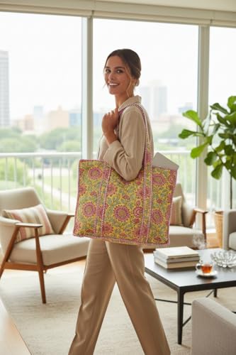 100% Cotton Quilted Tote Bag For Women (Lustrous Yellow Floral Print)