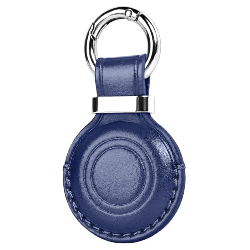 1 Pack Genuine Leather Handcrafted for Airtag Holder Keychain (B7-Dark Blue)