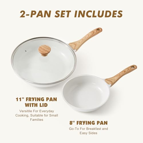 Ceramic Nonstick Frying Pan Skillets (White / 8+11 Inch w/ Lid)