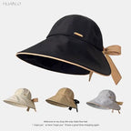 HUALBO Wide Brim Hats for Woman Foldable Hats Sun Hats for Women uv Protection Bowknot Bucket hat Adjustable hat with Ponytail Hole Black (Black)