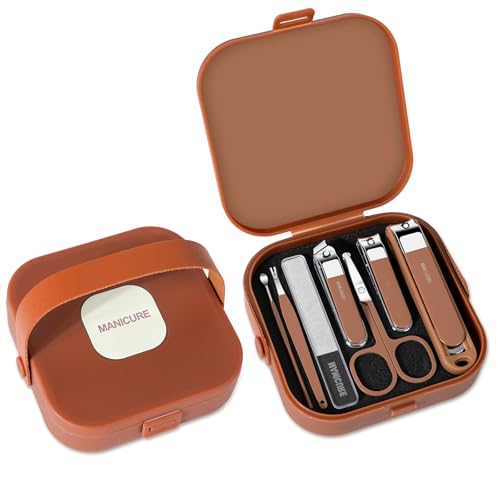 Nail Clippers Set for Men and Women 7 Pieces Stainless Steel Grooming Kits (Brown)