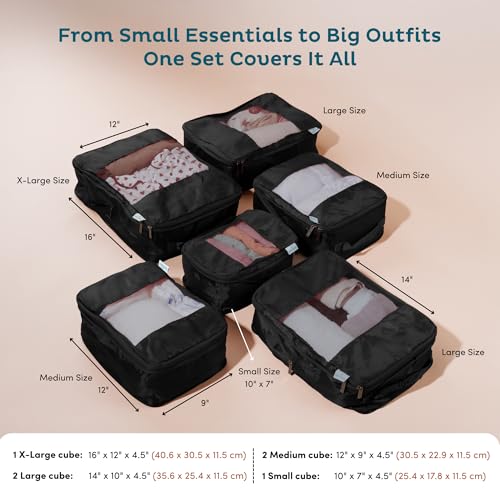 6 Pack Large Compression Packing Cubes for Travel (Black / 6 Pack)