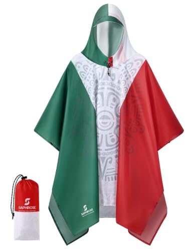 Adult Rain Poncho Waterproof Hooded Raincoat Lightweight Packable (One Size / Mexican Flag 1 Pack)