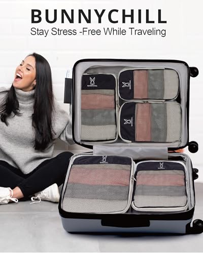 6 Set Space Saving Compression Packing Cubes Lightweight Packing Cube Black (Black / 6 Pcs(XL,L,M*2,S,laundry bag))