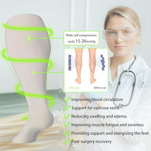 Plus Size Compression Socks for Women&Men Viscose for Bamboo Wide Calf 15 (3 Pairs-cream/Beige/Brown / X-Large)