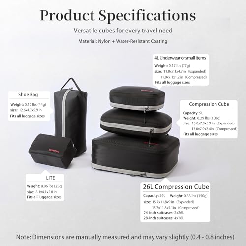 BeeNesting Waterproof Compression Packing Cubes sets (Black / 8-Piece Set (2.5 L))