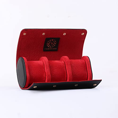 Genuine Napa Leather Watch Roll Travel Case for 3 Watches (Black)