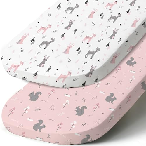 Stretch Fitted Bassinet Sheet Set BROLEX 2 Pack Cradle Sheets for Bassinet Pad (Squirrel Deer / 32x16 Inch)