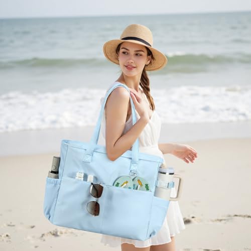 Waterproof Beach Tote Pool Bags for Women Ladies Extra Large Tote Bag Carryall Bag With Wet Compartment Fit 40oz Tumbler Holder Gym Travel Bag for Cruise (New Blue)