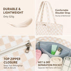 Beach Bag Waterproof Sandproof Women Beach Tote Pool Bag with Zipper for Gym Grocery Travel with Wet Pocket (Khaki White)