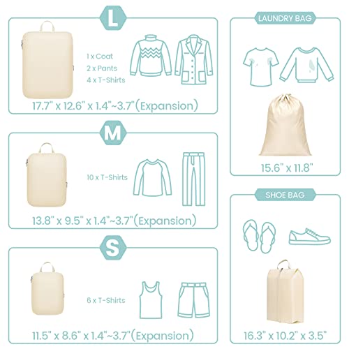 Compression Packing Cubes for Travel (08 Beige / 6-Piece Set)