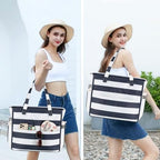 Waterproof Beach Tote Pool Bags for Women Ladies Extra Large Gym Tote Carry On Bag With Wet Compartment for Weekender Travel (Blue Grey Stripes)