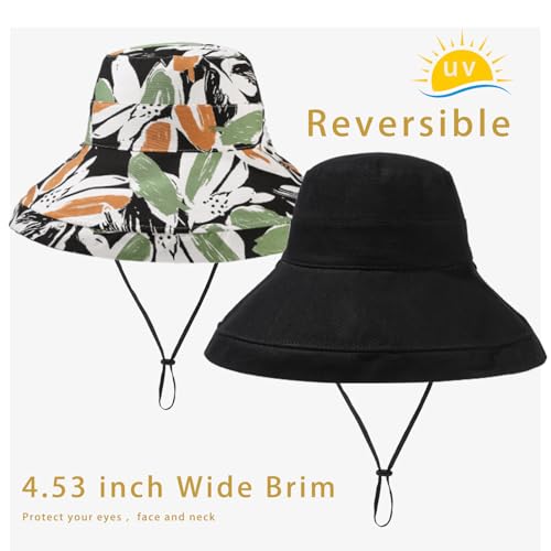 Womens Sun Hats Wide Brim Reversible Bucket Cotton Hat Packable Summer Travel Cap with Hat Clip (Medium / Black2)